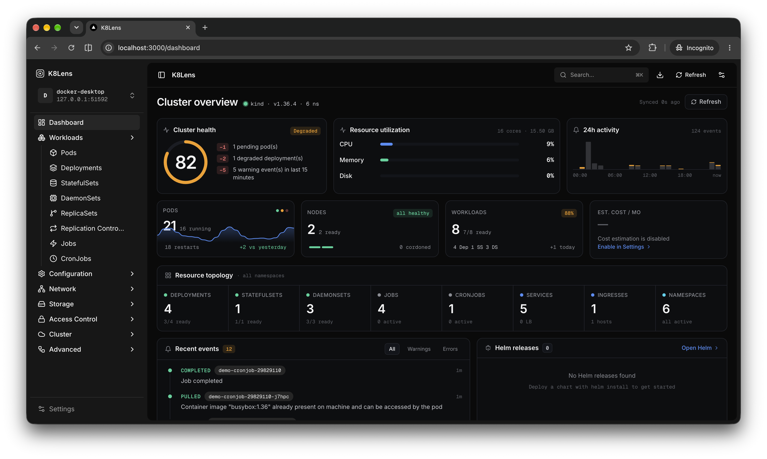 K8Lens cluster overview dashboard