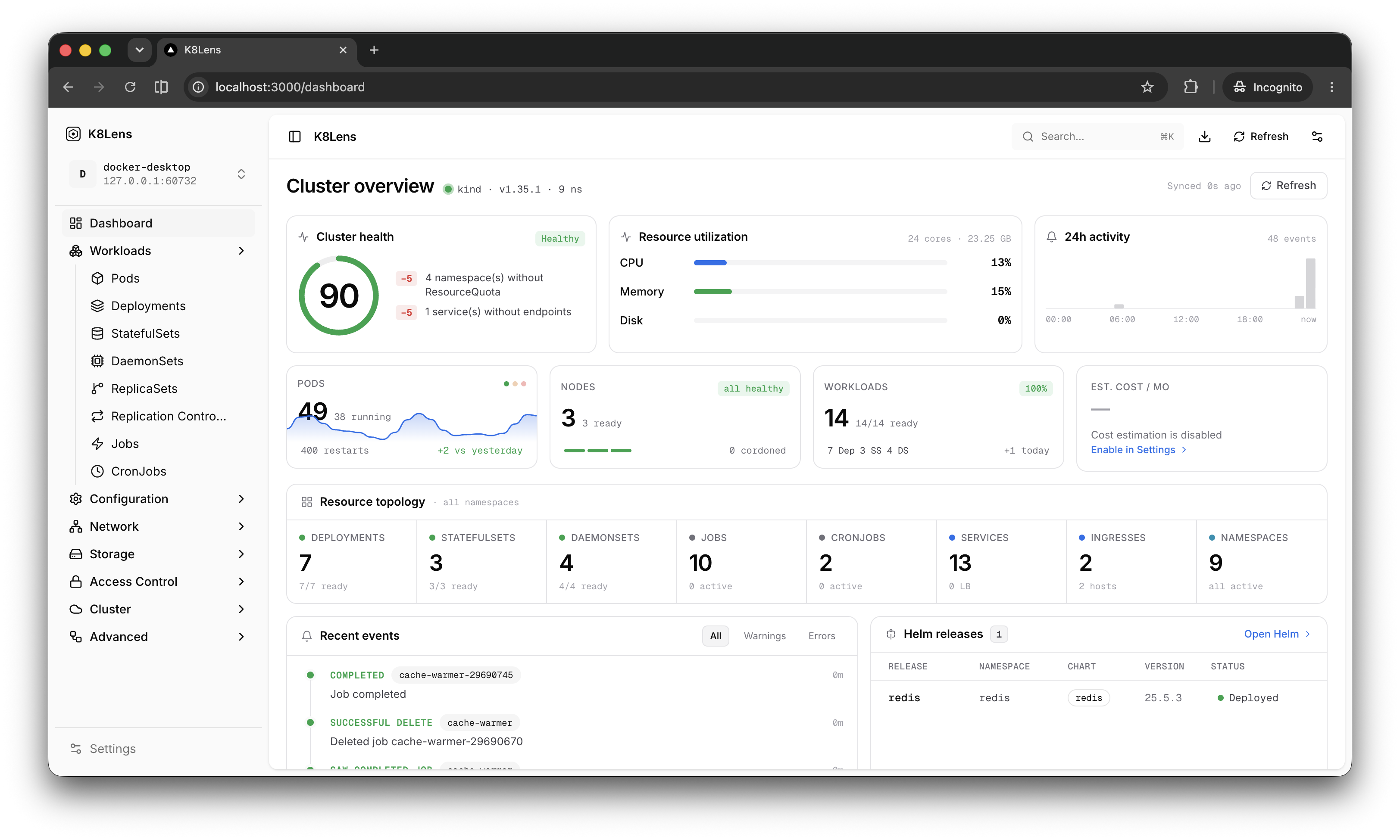K8Lens cluster overview dashboard
